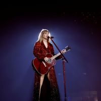 Taylor Swift performing on her Eras Tour at State Farm Stadium in Glendale, Arizona