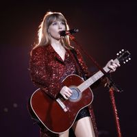 Taylor Swift performing on her Eras Tour at State Farm Stadium in Glendale, Arizona