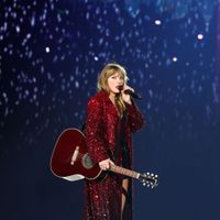 Taylor Swift performing on her Eras Tour at Allegiant Stadium in Las Vegas, Nevada