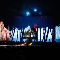 Taylor Swift performing on her Eras Tour at Allegiant Stadium in Las Vegas, Nevada