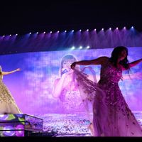 Taylor Swift performing on her Eras Tour at Allegiant Stadium in Las Vegas, Nevada