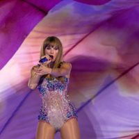 Taylor Swift performing on her Eras Tour at Allegiant Stadium in Las Vegas, Nevada