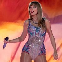 Taylor Swift performing on her Eras Tour at Allegiant Stadium in Las Vegas, Nevada