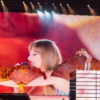 Taylor Swift performing on her Eras Tour at Allegiant Stadium in Las Vegas, Nevada