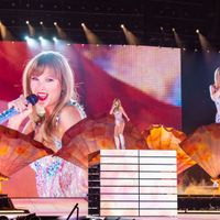 Taylor Swift performing on her Eras Tour at Allegiant Stadium in Las Vegas, Nevada