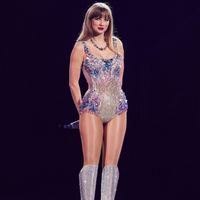 Taylor Swift performing on her Eras Tour at Allegiant Stadium in Las Vegas, Nevada