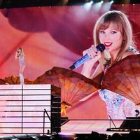 Taylor Swift performing on her Eras Tour at Allegiant Stadium in Las Vegas, Nevada