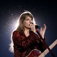 Taylor Swift performing on her Eras Tour at Allegiant Stadium in Las Vegas, Nevada