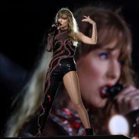 Taylor Swift performing on her Eras Tour at Raymond James Stadium in Tampa, Florida