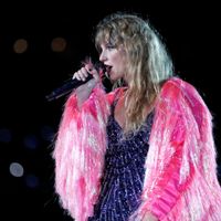 Taylor Swift performing on her Eras Tour at Raymond James Stadium in Tampa, Florida