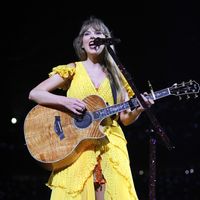 Taylor Swift performing on her Eras Tour at NRG Stadium in Houston, Texas