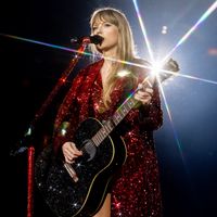 Taylor Swift performing on her Eras Tour at Mercedes-Benz Stadium in Atlanta, Georgia