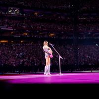 Taylor Swift performing on her Eras Tour at Mercedes-Benz Stadium in Atlanta, Georgia