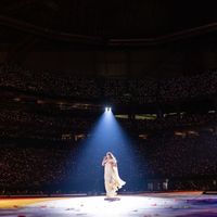 Taylor Swift performing on her Eras Tour at Mercedes-Benz Stadium in Atlanta, Georgia