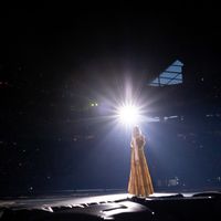 Taylor Swift performing on her Eras Tour at Mercedes-Benz Stadium in Atlanta, Georgia