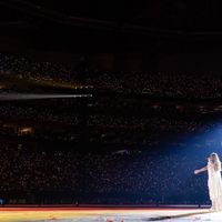 Taylor Swift performing on her Eras Tour at Mercedes-Benz Stadium in Atlanta, Georgia