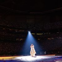 Taylor Swift performing on her Eras Tour at Mercedes-Benz Stadium in Atlanta, Georgia