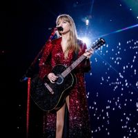 Taylor Swift performing on her Eras Tour at Mercedes-Benz Stadium in Atlanta, Georgia