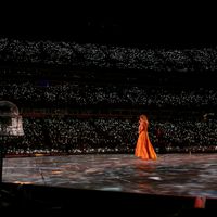 Taylor Swift performing on her Eras Tour at Nissan Stadium in Nasville, Tennessee