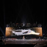 Taylor Swift performing on her Eras Tour at Nissan Stadium in Nasville, Tennessee