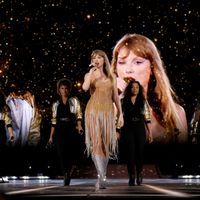 Taylor Swift performing on her Eras Tour at Nissan Stadium in Nasville, Tennessee