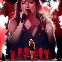 Taylor Swift performing on her Eras Tour at Nissan Stadium in Nasville, Tennessee