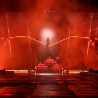 Taylor Swift performing on her Eras Tour at Nissan Stadium in Nasville, Tennessee