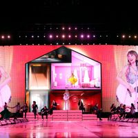 Taylor Swift performing on her Eras Tour at Nissan Stadium in Nasville, Tennessee