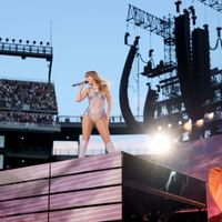 Taylor Swift performing on her Eras Tour at Gillette Stadium in Foxborough, Massachusetts