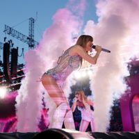 Taylor Swift performing on her Eras Tour at Gillette Stadium in Foxborough, Massachusetts