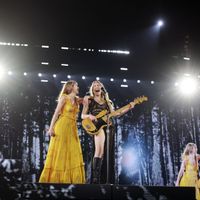 Taylor Swift performing on her Eras Tour at SoFi Stadium in Los Angeles, California