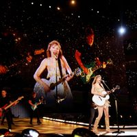 Taylor Swift performing on her Eras Tour at SoFi Stadium in Los Angeles, California