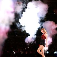 Taylor Swift performing on her Eras Tour at SoFi Stadium in Los Angeles, California