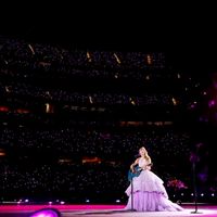 Taylor Swift performing on her Eras Tour at SoFi Stadium in Los Angeles, California