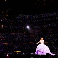 Taylor Swift performing on her Eras Tour at SoFi Stadium in Los Angeles, California