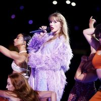 Taylor Swift performing on her Eras Tour at SoFi Stadium in Los Angeles, California