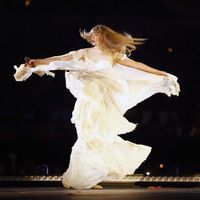 Taylor Swift performing on her Eras Tour at SoFi Stadium in Los Angeles, California