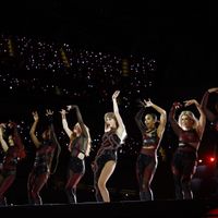 Taylor Swift performing on her Eras Tour at SoFi Stadium in Los Angeles, California