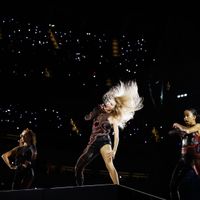 Taylor Swift performing on her Eras Tour at SoFi Stadium in Los Angeles, California