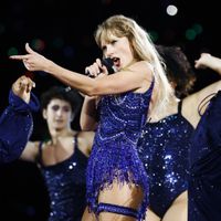 Taylor Swift performing on her Eras Tour at SoFi Stadium in Los Angeles, California