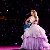 Taylor Swift performing on her Eras Tour at SoFi Stadium in Los Angeles, California