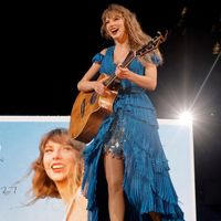 Taylor Swift performing on her Eras Tour at SoFi Stadium in Los Angeles, California