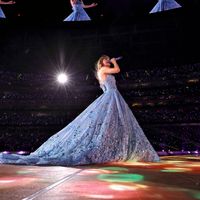 Taylor Swift performing on her Eras Tour at SoFi Stadium in Los Angeles, California