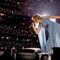 Taylor Swift performing on her Eras Tour at SoFi Stadium in Los Angeles, California