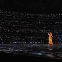 Taylor Swift performing on her Eras Tour at SoFi Stadium in Los Angeles, California