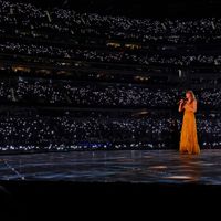 Taylor Swift performing on her Eras Tour at SoFi Stadium in Los Angeles, California