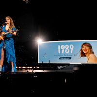 Taylor Swift performing on her Eras Tour at SoFi Stadium in Los Angeles, California