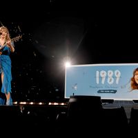 Taylor Swift performing on her Eras Tour at SoFi Stadium in Los Angeles, California