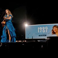 Taylor Swift performing on her Eras Tour at SoFi Stadium in Los Angeles, California