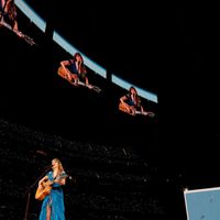 Taylor Swift performing on her Eras Tour at SoFi Stadium in Los Angeles, California